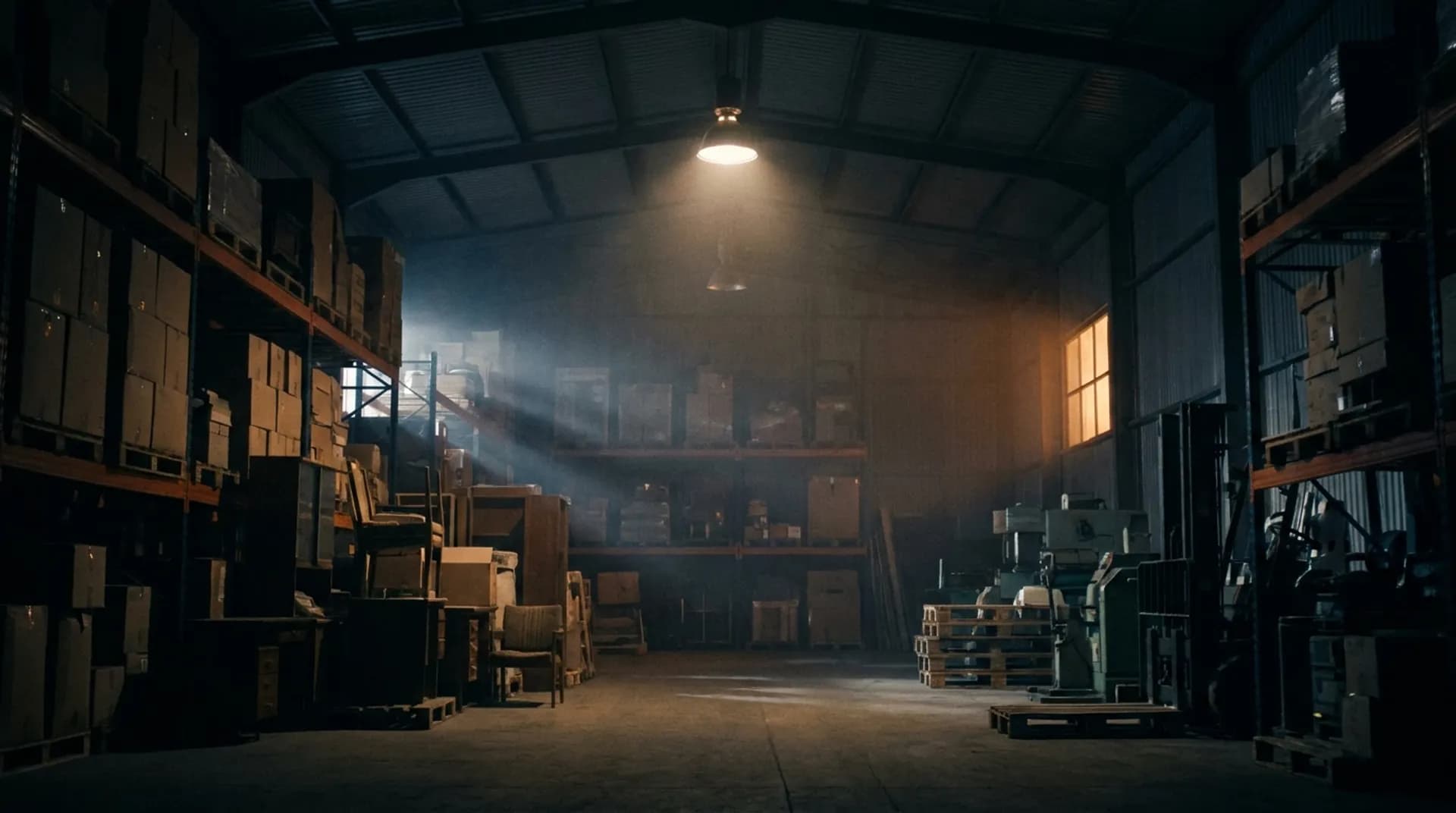 Vollgestellte, dunkle Industriehalle vor der Räumung
